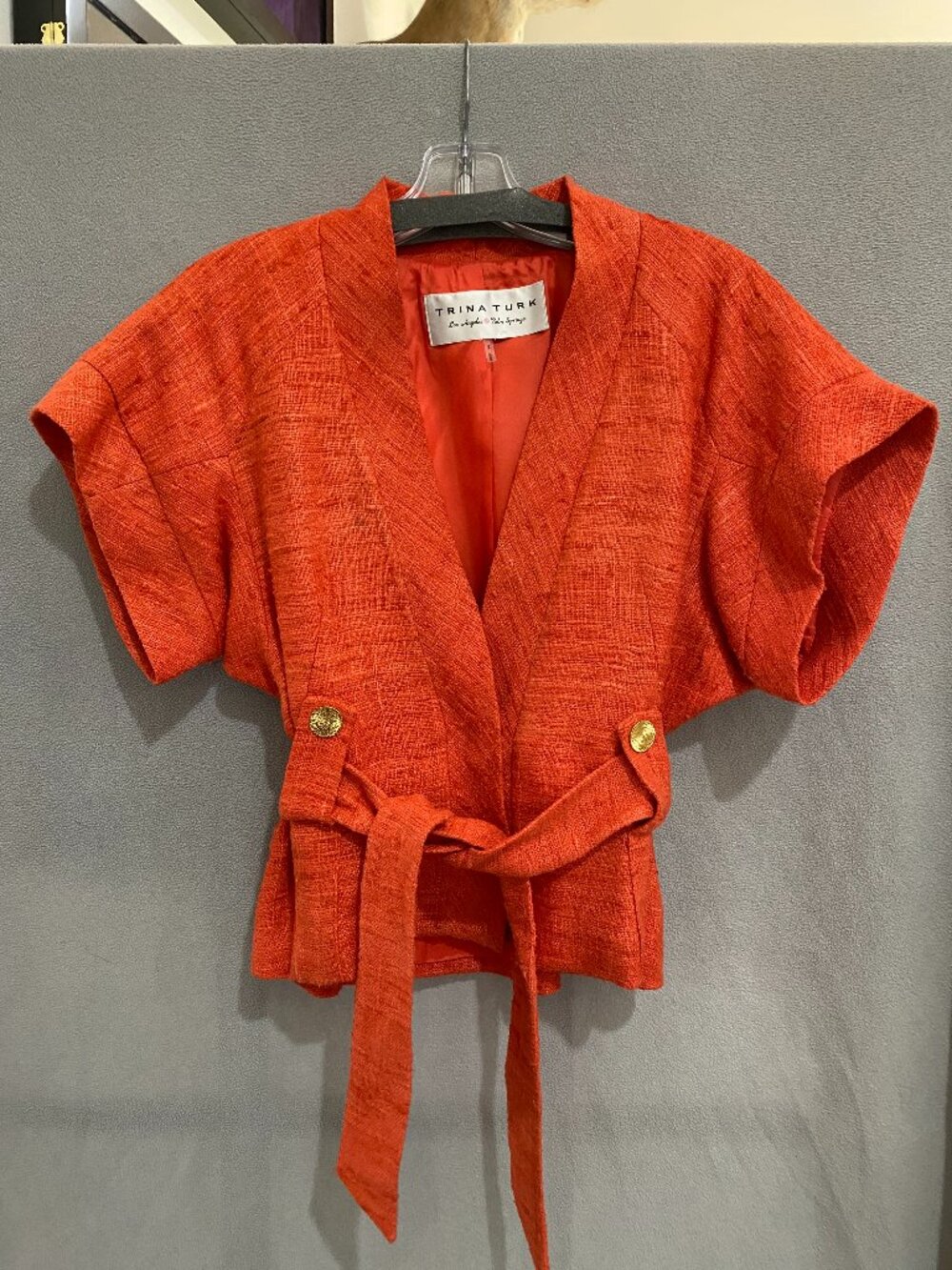 Trina Turk Orange Textured Belted Jacket Gold Buttons Size 2